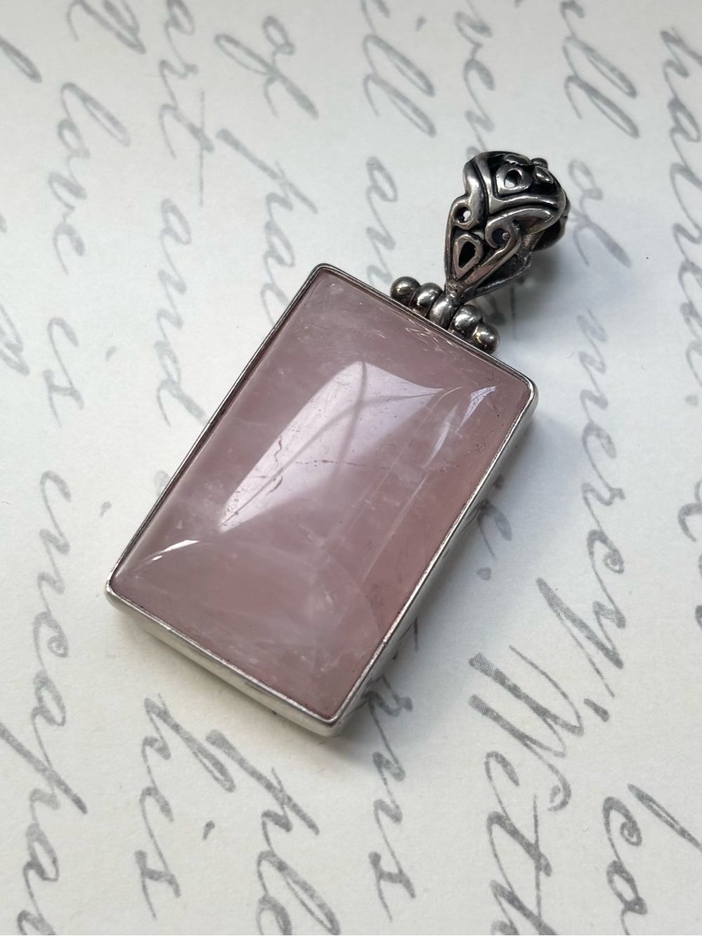 Sterling Silver Rose Quartz Rectangular Pendant - Pink